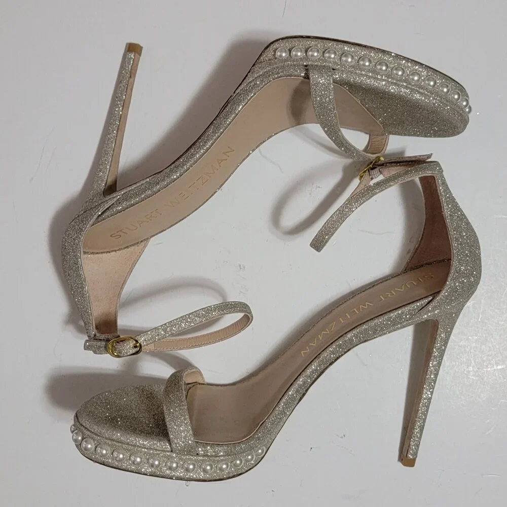 NEW Stuart Weitzman Nudistdisco Pearl Glitter Heels Womens 9.5 Glam Luxury Shiny